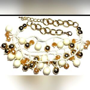 Vintage Jewelry Necklace Gold Tone Chunky Chain Multi Strand Dangle Bead Glass